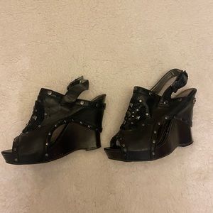 Black silver studded leather wood heal wedges. Size 5.5